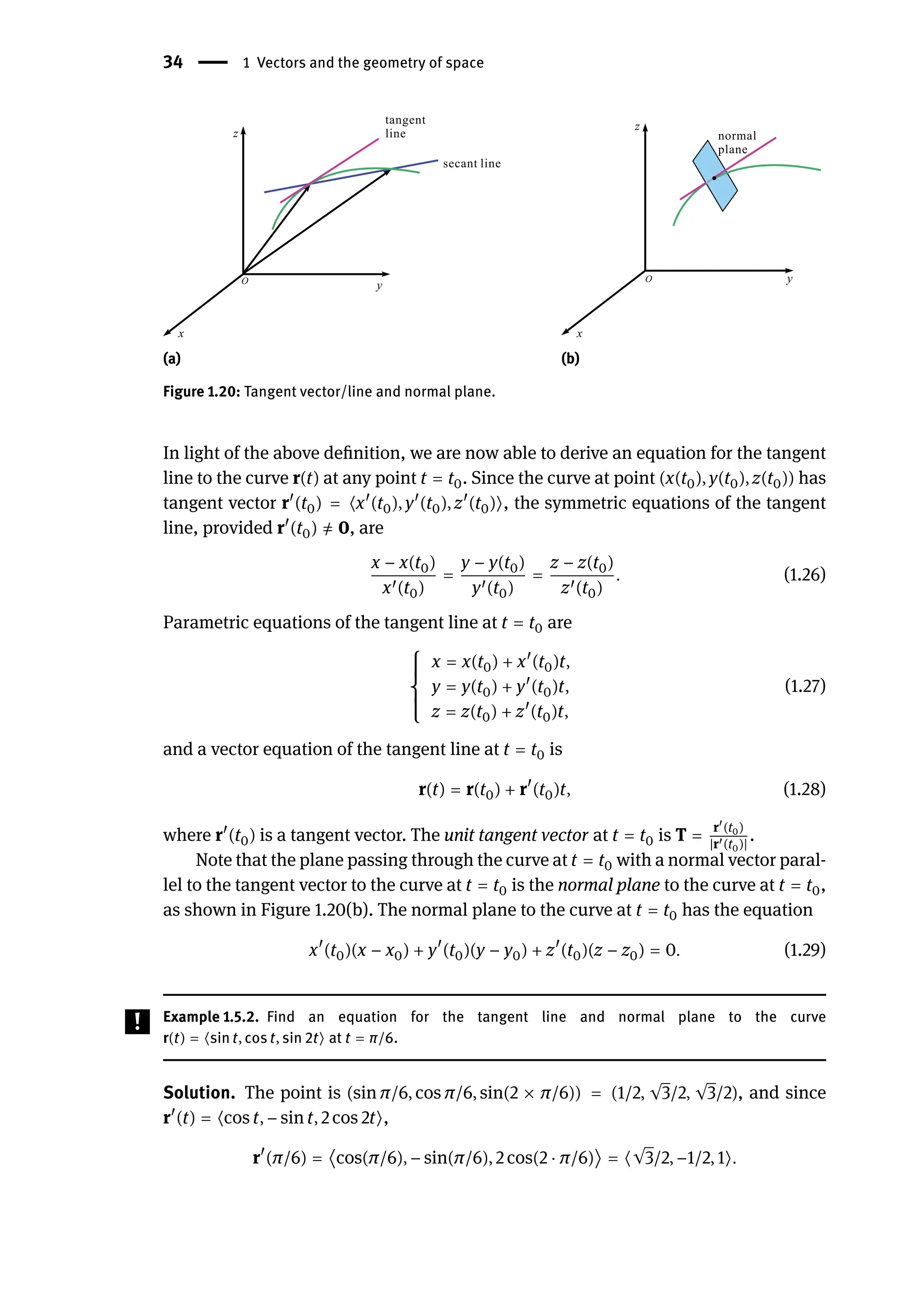 34 | 1 Vectors and the geometry of space
(a) (b)
Figure 1.20: Tangent vector/line and normal plane.
In light of the above definition, we are now able to derive an equation for the tangent
line to the curve r(t) at any point t = t0. Since the curve at point (x(t0), y(t0), z(t0)) has
tangent vector r󸀠
(t0) = ⟨x󸀠
(t0), y󸀠
(t0), z󸀠
(t0)⟩, the symmetric equations of the tangent
line, provided r󸀠
(t0) ̸
= 0, are
x − x(t0)
x󸀠(t0)
=
y − y(t0)
y󸀠(t0)
=
z − z(t0)
z󸀠(t0)
. (1.26)
Parametric equations of the tangent line at t = t0 are
{
{
{
{
{
x = x(t0) + x󸀠
(t0)t,
y = y(t0) + y󸀠
(t0)t,
z = z(t0) + z󸀠
(t0)t,
(1.27)
and a vector equation of the tangent line at t = t0 is
r(t) = r(t0) + r󸀠
(t0)t, (1.28)
where r󸀠
(t0) is a tangent vector. The unit tangent vector at t = t0 is T =
r󸀠
(t0)
|r󸀠(t0)|
.
Note that the plane passing through the curve at t = t0 with a normal vector paral-
lel to the tangent vector to the curve at t = t0 is the normal plane to the curve at t = t0,
as shown in Figure 1.20(b). The normal plane to the curve at t = t0 has the equation
x󸀠
(t0)(x − x0) + y󸀠
(t0)(y − y0) + z󸀠
(t0)(z − z0) = 0. (1.29)
Example 1.5.2. Find an equation for the tangent line and normal plane to the curve
r(t) = ⟨sin t, cos t, sin 2t⟩ at t = π/6.
Solution. The point is (sin π/6, cos π/6, sin(2 × π/6)) = (1/2, √3/2, √3/2), and since
r󸀠
(t) = ⟨cos t, − sin t, 2 cos 2t⟩,
r󸀠
(π/6) = ⟨cos(π/6), − sin(π/6), 2 cos(2 ⋅ π/6)⟩ = ⟨√3/2, −1/2, 1⟩.
 