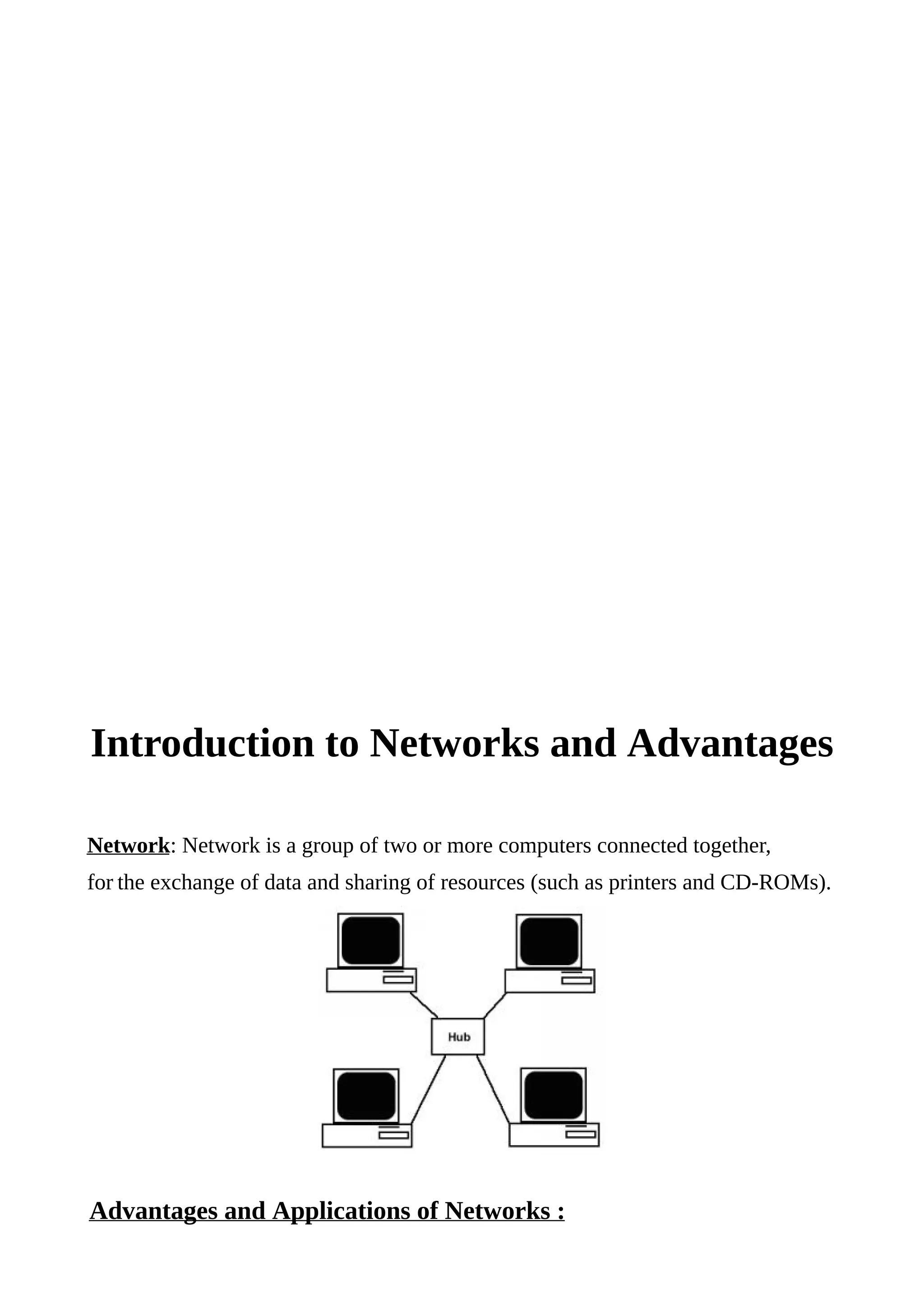 Introduction to Networks and Advantages
Network: Network is a group of two or more computers connected together,
for the exchange of data and sharing of resources (such as printers and CD-ROMs).
Advantages and Applications of Networks :
 