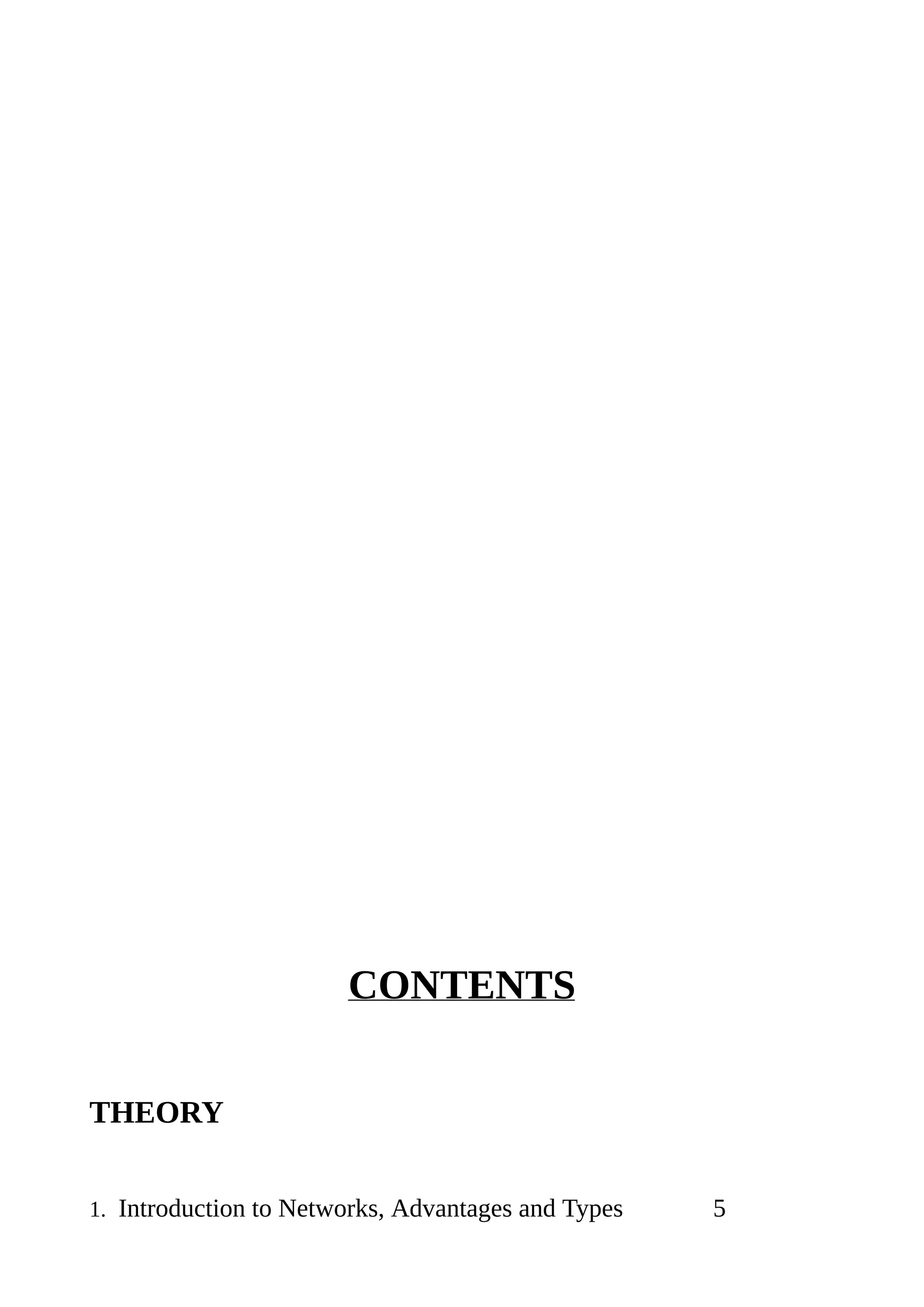CONTENTS
THEORY
1. Introduction to Networks, Advantages and Types 5
 