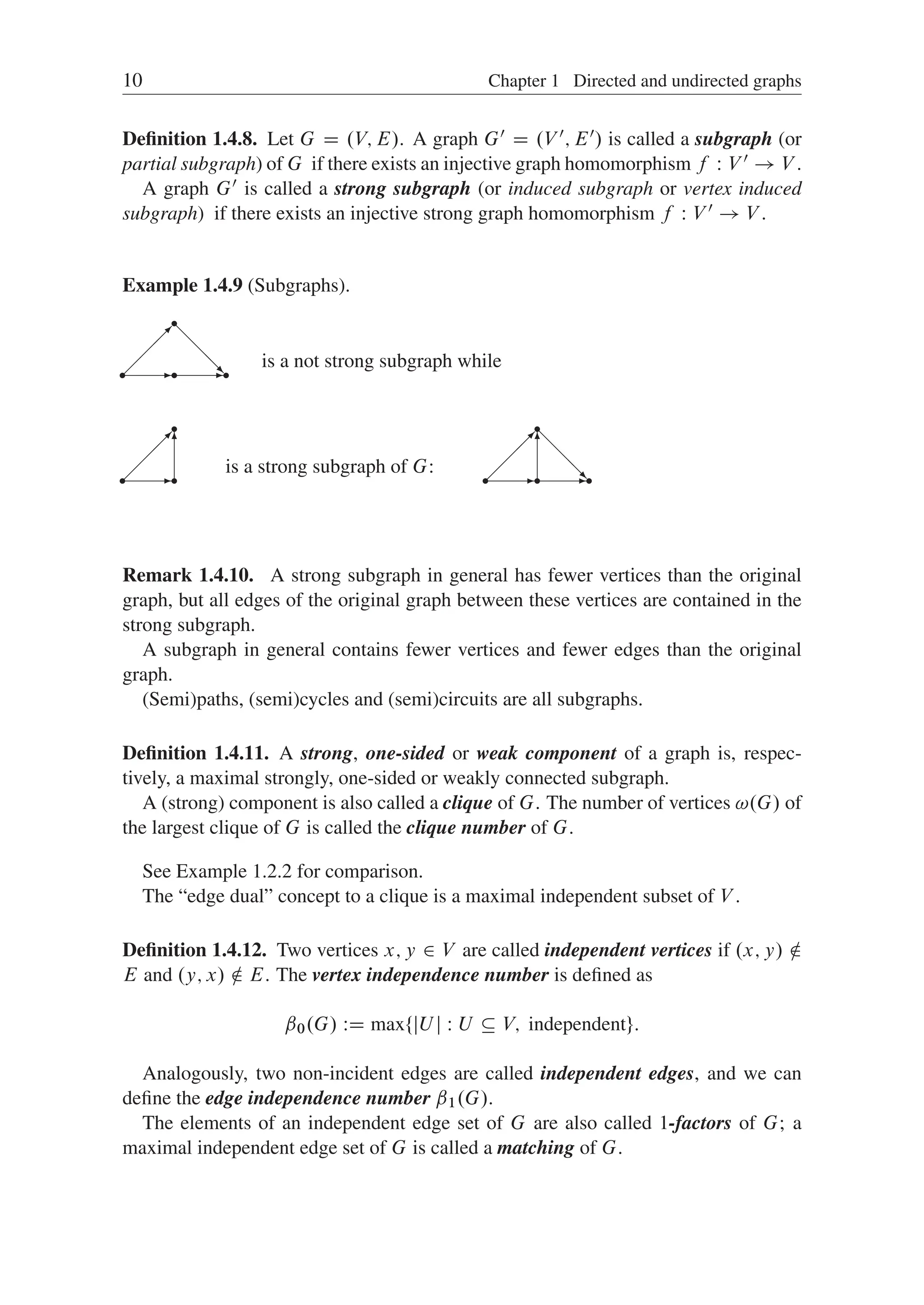 10 Chapter 1 Directed and undirected graphs
Deﬁnition 1.4.8. Let G D .V; E/. A graph G0 D .V 0; E0/ is called a subgraph (or
partial subgraph) of G if there exists an injective graph homomorphism f W V 0 ! V .
A graph G0 is called a strong subgraph (or induced subgraph or vertex induced
subgraph) if there exists an injective strong graph homomorphism f W V 0 ! V .
Example 1.4.9 (Subgraphs).
@
@
@
R
-r -
r r
r
is a not strong subgraph while
6
-
r r
r
is a strong subgraph of G:
@
@
@
R
- -
r r
r
r
6
Remark 1.4.10. A strong subgraph in general has fewer vertices than the original
graph, but all edges of the original graph between these vertices are contained in the
strong subgraph.
A subgraph in general contains fewer vertices and fewer edges than the original
graph.
(Semi)paths, (semi)cycles and (semi)circuits are all subgraphs.
Deﬁnition 1.4.11. A strong, one-sided or weak component of a graph is, respec-
tively, a maximal strongly, one-sided or weakly connected subgraph.
A (strong) component is also called a clique of G. The number of vertices !.G/ of
the largest clique of G is called the clique number of G.
See Example 1.2.2 for comparison.
The “edge dual” concept to a clique is a maximal independent subset of V .
Deﬁnition 1.4.12. Two vertices x; y 2 V are called independent vertices if .x; y/ …
E and .y; x/ … E. The vertex independence number is deﬁned as
ˇ0.G/ WD max¹jU j W U  V; independentº:
Analogously, two non-incident edges are called independent edges, and we can
deﬁne the edge independence number ˇ1.G/.
The elements of an independent edge set of G are also called 1-factors of G; a
maximal independent edge set of G is called a matching of G.
 