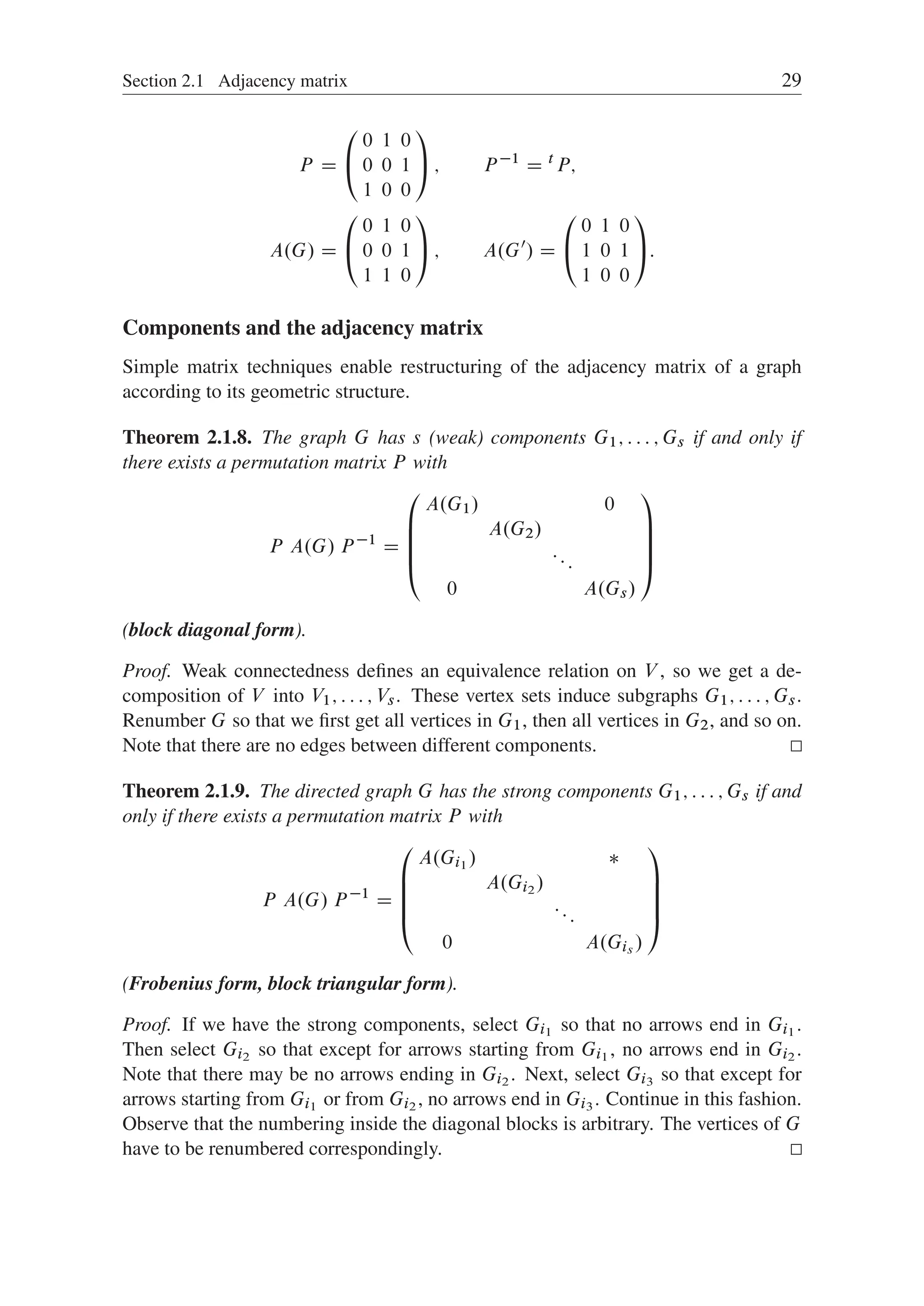 Section 2.1 Adjacency matrix 29
P D
0
@
0 1 0
0 0 1
1 0 0
1
A ; P 1
D t
P;
A.G/ D
0
@
0 1 0
0 0 1
1 1 0
1
A ; A.G0
/ D
0
@
0 1 0
1 0 1
1 0 0
1
A:
Components and the adjacency matrix
Simple matrix techniques enable restructuring of the adjacency matrix of a graph
according to its geometric structure.
Theorem 2.1.8. The graph G has s (weak) components G1; : : : ; Gs if and only if
there exists a permutation matrix P with
P A.G/ P 1
D
0
B
B
B
@
A.G1/ 0
A.G2/
:::
0 A.Gs/
1
C
C
C
A
(block diagonal form).
Proof. Weak connectedness deﬁnes an equivalence relation on V , so we get a de-
composition of V into V1; : : : ; Vs. These vertex sets induce subgraphs G1; : : : ; Gs.
Renumber G so that we ﬁrst get all vertices in G1, then all vertices in G2, and so on.
Note that there are no edges between different components.
Theorem 2.1.9. The directed graph G has the strong components G1; : : : ; Gs if and
only if there exists a permutation matrix P with
P A.G/ P 1
D
0
B
B
B
@
A.Gi1 /
A.Gi2 /
:::
0 A.Gis /
1
C
C
C
A
(Frobenius form, block triangular form).
Proof. If we have the strong components, select Gi1 so that no arrows end in Gi1 .
Then select Gi2 so that except for arrows starting from Gi1 , no arrows end in Gi2 .
Note that there may be no arrows ending in Gi2 . Next, select Gi3 so that except for
arrows starting from Gi1 or from Gi2 , no arrows end in Gi3 . Continue in this fashion.
Observe that the numbering inside the diagonal blocks is arbitrary. The vertices of G
have to be renumbered correspondingly.
 