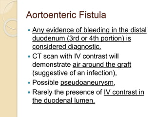 Aortoenteric Fistula
 Any evidence of bleeding in the distal
duodenum (3rd or 4th portion) is
considered diagnostic.
 CT scan with IV contrast will
demonstrate air around the graft
(suggestive of an infection),
 Possible pseudoaneurysm,
 Rarely the presence of IV contrast in
the duodenal lumen.
 