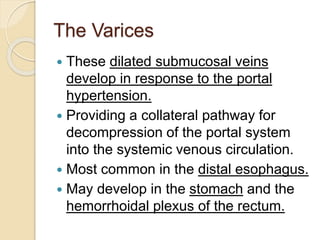 The Varices
 These dilated submucosal veins
develop in response to the portal
hypertension.
 Providing a collateral pathway for
decompression of the portal system
into the systemic venous circulation.
 Most common in the distal esophagus.
 May develop in the stomach and the
hemorrhoidal plexus of the rectum.
 