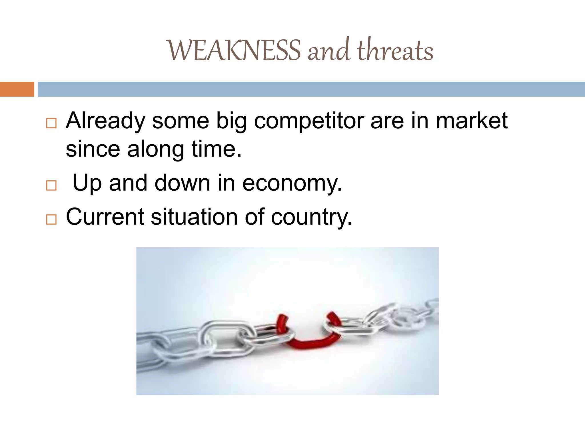 WEAKNESS and threats
 Already some big competitor are in market
since along time.
 Up and down in economy.
 Current situation of country.
 