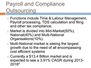 Payroll and Compliance
Outsourcing
 Functions include Time & Labour Management,
Payroll processing, TDS calculation and filing
and other tax compliance.
 Market is divided into Mid-Market(50%),
National(40%) and Multi-National
Organisations(10%).
 Multi-National market is seeing the largest
growth due to the need of all encompassing
cost efficient systems
 Currently a $13.4 Billion market and is
expected to see a 3.91% CAGR during 2013-
20184
 