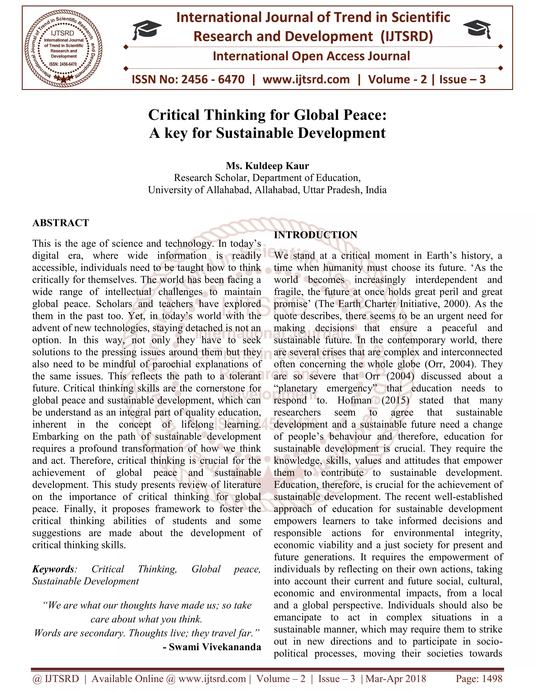 Critical Thinking for Global Peace: A key for Sustainable Development | PDF