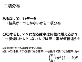 5
二項分布
あるなし（０，１）データ
→結果が二つしかないから二項分布
○○すると、××になる確率は何倍に増えるか？
→喫煙した人としない人では死亡率が何倍違う？
𝑛
𝑘
𝑝 𝑘
1 − 𝑘 𝑝
n回の試行のうちk回成功する確率
n回コインを投げてk回表になる確率（一枚投げて表になる確率はp）
 
