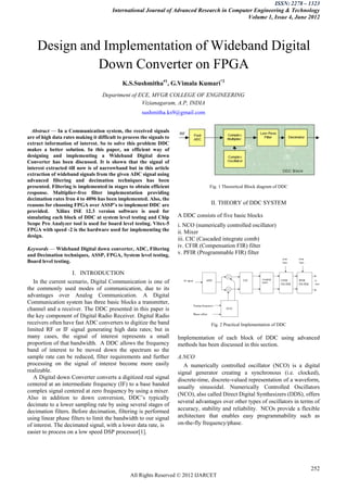 ISSN: 2278 – 1323
                                        International Journal of Advanced Research in Computer Engineering & Technology
                                                                                            Volume 1, Issue 4, June 2012




    Design and Implementation of Wideband Digital
              Down Converter on FPGA
                                             K.S.Sushmitha#1, G.Vimala Kumari*2
                                   Department of ECE, MVGR COLLEGE OF ENGINEERING
                                                  Vizianagaram, A.P, INDIA
                                                      sushmitha.ks9@gmail.com


  Abstract — In a Communication system, the received signals
are of high data rates making it difficult to process the signals to
extract information of interest. So to solve this problem DDC
makes a better solution. In this paper, an efficient way of
designing and implementing a Wideband Digital down
Converter has been discussed. It is shown that the signal of
interest extracted till now is of narrowband but in this article
extraction of wideband signals from the given ADC signal using
advanced filtering and decimation techniques has been
presented. Filtering is implemented in stages to obtain efficient                   Fig. 1 Theoretical Block diagram of DDC
response. Multiplier-free filter implementation providing
decimation rates fron 4 to 4096 has been implemented. Also, the
reasons for choosing FPGA over ASSP’s to implement DDC are                           II. THEORY of DDC SYSTEM
provided. Xilinx ISE 12.3 version software is used for
simulating each block of DDC at system level testing and Chip          A DDC consists of five basic blocks
Scope Pro Analyzer tool is used for board level testing. Vitex-5       i. NCO (numerically controlled oscillator)
FPGA with speed -2 is the hardware used for implementing the           ii. Mixer
design.
                                                                       iii. CIC (Cascaded integrate comb)
                                                                       iv. CFIR (Compensation FIR) filter
Keywords — Wideband Digital down converter, ADC, Filtering
and Decimation techniques, ASSP, FPGA, System level testing,           v. PFIR (Programmable FIR) filter
Board level testing.

                    I. INTRODUCTION
   In the current scenario, Digital Communication is one of
the commonly used modes of communication, due to its
advantages over Analog Communication. A Digital
Communication system has three basic blocks a transmitter,
channel and a receiver. The DDC presented in this paper is
the key component of Digital Radio Receiver. Digital Radio
receivers often have fast ADC converters to digitize the band                        Fig. 2 Practical Implementation of DDC
limited RF or IF signal generating high data rates; but in
many cases, the signal of interest represents a small                  Implementation of each block of DDC using advanced
proportion of that bandwidth. A DDC allows the frequency               methods has been discussed in this section.
band of interest to be moved down the spectrum so the
sample rate can be reduced, filter requirements and further            A.NCO
processing on the signal of interest become more easily                   A numerically controlled oscillator (NCO) is a digital
realizable.                                                            signal generator creating a synchronous (i.e. clocked),
   A Digital down Converter converts a digitized real signal           discrete-time, discrete-valued representation of a waveform,
centered at an intermediate frequency (IF) to a base banded
                                                                       usually sinusoidal. Numerically Controlled Oscillators
complex signal centered at zero frequency by using a mixer.
                                                                       (NCO), also called Direct Digital Synthesizers (DDS), offers
Also in addition to down conversion, DDC’s typically
                                                                       several advantages over other types of oscillators in terms of
decimate to a lower sampling rate by using several stages of
decimation filters. Before decimation, filtering is performed          accuracy, stability and reliability. NCOs provide a flexible
using linear phase filters to limit the bandwidth to our signal        architecture that enables easy programmability such as
of interest. The decimated signal, with a lower data rate, is          on-the-fly frequency/phase.
easier to process on a low speed DSP processor[1].




                                                                                                                                 252
                                                 All Rights Reserved © 2012 IJARCET
 