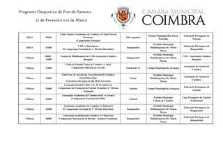 Programa Desportivo de Fim-de-Semana
27 de Fevereiro a 01 de Março
28.Fev 19h30
Clube Náutico Académico de Coimbra vs Clube Fluvial
Portuense
(Campeonato Nacional)
Pólo Aquático
Piscina Municipal Rui Abreu
Pedrulha
Federação Portuguesa de
Natação
28-Fev 21h00
CAD vs Marinhense
II Campeonato Nacional da 1.ª Divisão Masculina
Basquetebol
Pavilhão Municipal
Multidesportos Dr. Mário
Mexia
Federação Portuguesa de
Basquetebol
1-Março
10h00 –
13h00
Torneio de Minibasquete do CAD-Associação Coimbra
Basquete
Basquetebol
Pavilhão Municipal
Multidesportos Dr. Mário
Mexia
CAD – Associação Coimbra
Basquete
1-Março 11h00
Clube de Futebol União de Coimbra vs Ançã
Campeonato Distrital de Juvenis Futebol de 11 Campo Municipal da Arregaça
Associação de Futebol de
Coimbra
1-Março 14h00
Final Four de Juvenis da Taça Distrital de Coimbra
Futsal Masculino
Vencedores dos jogos de dia 28 de Fevereiro
Futsal
Pavilhão Municipal
Multidesportos Dr. Mário
Mexia
Associação de Futebol de
Coimbra
1-Março 15h00
Lordemão Futebol Clube vs G. D. Os Vidreiros
Campeonato de Promoção de Futebol Feminino (2.ª Divisão
Nacional)
Futebol Campo Municipal da Arregaça
Federação Portuguesa de
Futebol
1-Março 16h00
Associação Académica de Coimbra-OAF vs Arouca
(Campeonato Nacional da LPFP) Futebol
Estádio Municipal
Cidade de Coimbra
Liga Portuguesa de Futebol
Profissional
1-Março 16h00
Associação Académica de Coimbra vs Iliabum B
II Campeonato Nacional da 1.ª Divisão Masculina Basquetebol
Pavilhão Municipal
Multidesportos Dr. Mário
Mexia
Federação Portuguesa de
Basquetebol
1-Março 18h00
Associação Académica de Coimbra vs Ulmeirense
Campeonato Nacional da II Divisão – Seniores Femininos Basquetebol
Pavilhão Municipal
Multidesportos Dr. Mário
Mexia
Federação Portuguesa de
Basquetebol
 