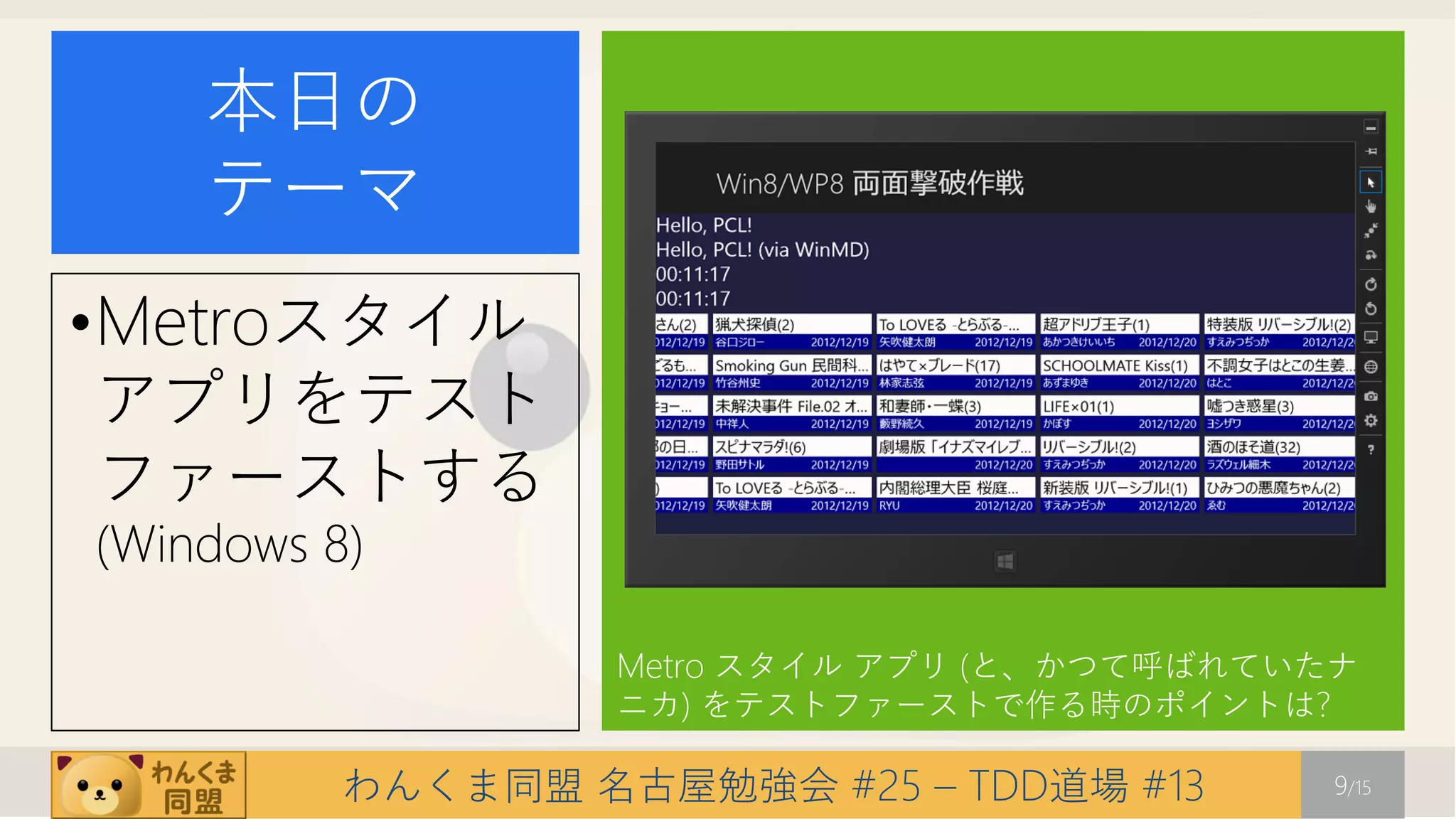 本日の
    テーマ
•Metroスタイル
 アプリをテスト
 ファーストする
(Windows 8)

                   Metro スタイル アプリ (と、かつて呼ばれていたナ
                   ニカ) をテストファーストで作る時のポイントは?

          わんくま同盟 名古屋勉強会 #25 – TDD道場 #13       9/15
 