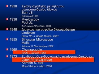 19381938 Σχέση ισχιαλγίας με κήλη τουΣχέση ισχιαλγίας με κήλη του
μεσοσπονδυλίου δίσκουμεσοσπονδυλίου δίσκου
Barr JSBarr JS
British Med 1938British Med 1938
1938 Myeloscopy1938 Myeloscopy
Pool JLPool JL
Arch. Neuro.l Psychiatr., 1938Arch. Neuro.l Psychiatr., 1938
19481948 Διαγνωστικό οσφυϊκό δισκογράφημαΔιαγνωστικό οσφυϊκό δισκογράφημα
LindblomLindblom
Heary RF, J. Spnal. Disord., 2001Heary RF, J. Spnal. Disord., 2001
19195555 Binocular MicroscopeBinocular Microscope
MalisMalis
Jaikumar S, Neurosurgery, 2002Jaikumar S, Neurosurgery, 2002
1960 Chymopapain1960 Chymopapain
Smith L, Nature, 1963Smith L, Nature, 1963
19731973 Συνδυασμός ενδοσκοπικής αφαίρεσης δισκου μεΣυνδυασμός ενδοσκοπικής αφαίρεσης δισκου με
ανοικτή πεταλεκτομήανοικτή πεταλεκτομή
Kambin S, etalKambin S, etal
Mount Sainai J. Med., 2000Mount Sainai J. Med., 2000
 
