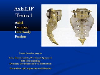 AxiaLIF
Trans 1
Axial
Lumbar
Interbody
Fusion
Least invasive access
Safe, Reproducible, Pre-Sacral Approach
Soft-tissue sparing
Dynamic decompression via distraction
Immediate rgid segmental stabilization
 