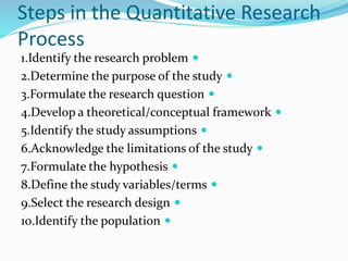 Steps in the Quantitative Research
Process

1.Identify the research problem

2.Determine the purpose of the study

3.Formulate the research question

4.Develop a theoretical/conceptual framework

5.Identify the study assumptions

6.Acknowledge the limitations of the study

7.Formulate the hypothesis

8.Define the study variables/terms

9.Select the research design

10.Identify the population
 