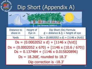 Sight taken with HE of 10.6 ft,
across a distance of 670 yards.
(Dip to NH would be -3.2’)
Use Almanac tables if:
Height
of Eye
Distance to Horizon
at least
Feet nm sm yds
3 2.0 2.3 4103
5 2.6 3.0 5296
7 3.1 3.6 6267
9 3.5 4.0 7106
10 3.7 4.3 7490
15 4.5 5.2 9174
20 5.2 6.0 10593
Distance to
shore in
Height of
Eye in
Dip Short (Ds) Formula
d = distance & h = height of eye
Yards Feet Ds = (0.0002052 x d) + [1146 x (h/d)]
Meters Meters Ds = (0.0002244 x d) + [3438 x (h/d)]
Nautical miles Feet Ds = (0.4156 x d) + [0.5658 x (h/d)]
Statute miles Feet Ds = (0.3611 x d) + [0.6511 x (h/d)]
11
Dip Short (Appendix A)
Ds = (0.0002052 x d) + [1146 x (h/d)]
Ds = (0.0002052 x 670) + [1146 x (10.6 / 670)]
Ds = 0.137484 + (1146 x 0.015820896)
Ds = 18.268’, rounded to 18.3’
Dip correction is -18.3’
 