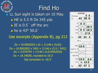 15
 LL Sun sight is taken on 10 May.
 HE is 5.5 ft Ds 345 yds
 IE is 0.5´ off the arc
 hs is 43° 50.0´
Find Ho
5 5
43 50 0
0 5
18 3
43 32 2
0 5 18 3
17 8
-
15 0
15 0
+ 15 0
0 0
43 47 2
Use excerpts (Appendix B), pg 212
Ds = (0.0002052 x d) + [1146 x (h/d)]
Ds = (0.0002052 x 345) + [1146 x (5.5 / 345)]
Ds = 0.070794 + (1146 x 0.015942029)
Ds = 18.34036’, rounded to 18.3’
Dip correction is -18.3’
 