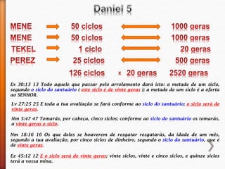 Ex 30:13 13 Todo aquele que passar pelo arrolamento dará isto: a metade de um siclo,
segundo o siclo do santuário ( este siclo é de vinte geras ); a metade de um siclo é a oferta
ao SENHOR.
Lv 27:25 25 E toda a tua avaliação se fará conforme ao siclo do santuário; o siclo será de
vinte geras.
Nm 3:47 47 Tomarás, por cabeça, cinco siclos; conforme ao siclo do santuário os tomarás,
a vinte geras o siclo.
Nm 18:16 16 Os que deles se houverem de resgatar resgatarás, da idade de um mês,
segundo a tua avaliação, por cinco siclos de dinheiro, segundo o siclo do santuário, que é
de vinte geras.
Ez 45:12 12 E o siclo será de vinte geras; vinte siclos, vinte e cinco siclos, e quinze siclos
terá a vossa mina.
 