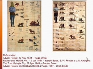 Referencias:
Advent Herald 13 Nov. 1844 – Tiago White;
Review and Herald, Vol. 1, 9 Jul. 1851 – Joseph Bates, S. W. Rhodes e J. N. Andrews;
The True Midnight Cry, 22 Ago. 1844 – Samuel Snow
Advent Review and Sabbath Herald, 27 Ago. 1857 – Uriah Smith
 