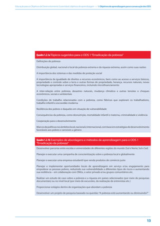 EducaçãoparaosObjetivosdeDesenvolvimentoSustentável:objetivosdeaprendizagem — 1.ObjetivosdeaprendizagemparaaconsecuçãodosODS
13
Quadro1.2.1aTópicos sugeridos para o ODS 1“Erradicação da pobreza”
Definições de pobreza
Distribuição global, nacional e local da pobreza extrema e da riqueza extrema, assim como suas razões
A importância dos sistemas e das medidas de proteção social
A importância da igualdade de direitos a recursos econômicos, bem como ao acesso a serviços básicos,
propriedade e controle sobre a terra e outras formas de propriedade, herança, recursos naturais, novas
tecnologias apropriadas e serviços financeiros, incluindo microfinanciamento
A inter-relação entre pobreza, desastres naturais, mudança climática e outras tensões e choques
econômicos, sociais e ambientais
Condições de trabalho relacionadas com a pobreza, como fábricas que exploram os trabalhadores,
trabalho infantil e escravidão moderna
Resiliência dos pobres e daqueles em situação de vulnerabilidade
Consequências da pobreza, como desnutrição, mortalidade infantil e materna, criminalidade e violência
Cooperação para o desenvolvimento
Marcosdepolíticasnosâmbitoslocal,nacionaleinternacional,combaseemestratégiasdedesenvolvimento
favoráveis aos pobres e sensíveis a gênero
Quadro1.2.1b Exemplos de abordagens e métodos de aprendizagem para o ODS 1
“Erradicação da pobreza”
Desenvolver parcerias entre escolas e universidades de diferentes regiões do mundo (Sul e Norte; Sul e Sul)
Planejar e executar uma campanha de conscientização sobre a pobreza local e globalmente
Planejar e executar uma empresa estudantil que venda produtos de comércio justo
Planejar e implementar oportunidades locais de aprendizagem em serviço e/ou engajamento para
empoderar as pessoas pobres, reduzindo sua vulnerabilidade a diferentes tipos de riscos e aumentando
sua resiliência – em colaboração com ONGs, o setor privado e/ou grupos comunitários etc.
Realizar um estudo de caso sobre a pobreza e a riqueza em países selecionados (por meio de pesquisas
documentais) ou no nível local (por meio de excursões, da realização de entrevistas etc.)
Proporcionar estágios dentro de organizações que abordam a pobreza
Desenvolver um projeto de pesquisa baseado na questão:“A pobreza está aumentando ou diminuindo?”
 