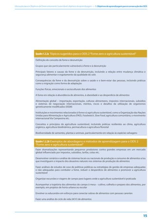 EducaçãoparaosObjetivosdeDesenvolvimentoSustentável:objetivosdeaprendizagem — 1.ObjetivosdeaprendizagemparaaconsecuçãodosODS
15
Quadro1.2.2a Tópicos sugeridos para o ODS 2“Fome zero e agricultura sustentável”
Definição do conceito de fome e desnutrição
Grupos que são particularmente vulneráveis à fome e à desnutrição
Principais fatores e causas da fome e da desnutrição, incluindo a relação entre mudança climática e
segurança alimentar e esgotamento da qualidade do solo
Consequências da fome e da desnutrição sobre a saúde e o bem-estar das pessoas, incluindo práticas
como a migração como forma de adaptação
Funções físicas, emocionais e socioculturais dos alimentos
A fome em relação à abundância de alimentos, à obesidade e ao desperdício de alimentos
Alimentação global – importação, exportação, culturas alimentares, impostos internacionais, subsídios
e sistemas de negociação internacionais, méritos, riscos e desafios da utilização de organismos
geneticamente modificados (OGM)
Instituições e movimentos relacionados à fome e à agricultura sustentável, como a Organização das Nações
Unidas para Alimentação e Agricultura (FAO), Foodwatch, Slow Food, agricultura comunitária, o movimento
internacional Via Campesina etc.
Conceitos e princípios da agricultura sustentável, incluindo práticas resilientes ao clima, agricultura
orgânica, agricultura biodinâmica, permacultura e agricultura florestal
Biodiversidade de sementes, plantas e animais, particularmente em relação às espécies selvagens
Quadro1.2.2b Exemplos de abordagens e métodos de aprendizagem para o ODS 2
“Fome zero e agricultura sustentável”
Fazer dramatizações representando pequenos produtores contra grandes empresas em um mercado
global influenciado por impostos, subsídios, tarifas, cotas etc.
Desenvolver cenários e análise de sistemas locais ou nacionais de produção e consumo de alimentos e/ou
que investiguem o impacto dos desastres naturais nos sistemas de produção de alimentos
Fazer análises de estudos de caso de políticas públicas ou estratégias de gestão de empresas adequadas
e não adequadas para combater a fome, reduzir o desperdício de alimentos e promover a agricultura
sustentável
Organizar excursões e viagens de campo para lugares onde a agricultura sustentável é praticada
Acompanhar a trajetória dos alimentos do campo à mesa – cultivo, colheita e preparo dos alimentos, por
exemplo, em projetos de horta urbana ou escolar
Envolver os educandos em esforços para conectar sobras de alimentos com pessoas carentes
Fazer uma análise do ciclo de vida (ACV) de alimentos
 