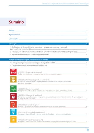 Educação para os Objetivos de Desenvolvimento Sustentável: objetivos de aprendizagem
iii
Sumário
Prefácio........................................................................................................................................................................................................................1
Agradecimentos.......................................................................................................................................................................................................2
Lista de siglas............................................................................................................................................................................................................3
Introdução....................................................................................................................................................................................... 5
1. Os Objetivos de Desenvolvimento Sustentável – uma agenda ambiciosa e universal
para transformar nosso mundo......................................................................................................................................................................6
2. Educação para o desenvolvimento sustentável – um instrumento fundamental para atingir os ODS.............................7
3. A quem se destina este guia e como ele pode ser usado?................................................................................................................8
1 Objetivos de aprendizagem para a consecução dos ODS.................................................................................................... 9
1.1 Principais competências transversais para alcançar todos os ODS...........................................................................................10
1.2 Objetivos específicos de aprendizagem para os ODS....................................................................................................................11
1.2.1 ODS 1 | Erradicação da pobreza |
ERRADICAÇÃO
DAPOBREZA
Acabar com a pobreza em todas as suas formas, em todos os lugares 12
1.2.2 ODS 2 | Fome zero e agricultura sustentável |
FOMEZEROE
AGRICULTURA
SUSTENTÁVEL
Acabar com a fome, alcançar a segurança alimentar e melhoria da nutrição e promover a
agricultura sustentável 14
1.2.3 ODS 3 | Saúde e bem-estar |
SAÚDEE
BEM-ESTAR
Assegurar uma vida saudável e promover o bem-estar para todos, em todas as idades 16
1.2.4 ODS 4 | Educação de qualidade |
EDUCAÇÃODE
QUALIDADE
Assegurar a educação inclusiva e equitativa de qualidade, e promover oportunidades de aprendizagem
ao longo da vida para todos 18
1.2.5 ODS 5 | Igualdade de gênero |
IGUALDADE
DEGÊNERO
Alcançar a igualdade de gênero e empoderar todas as mulheres e meninas 20
1.2.6 ODS 6 | Água potável e saneamento |
ÁGUAPOTÁVEL
ESANEAMENTO
Assegurar a disponibilidade e gestão sustentável da água e saneamento para todos 22
1.2.7 ODS 7 | Energia limpa e acessível |
ENERGIA
LIMPAEACESSÍVEL
Assegurar o acesso confiável, sustentável, moderno e a preço acessível à energia, para todos 24
 
