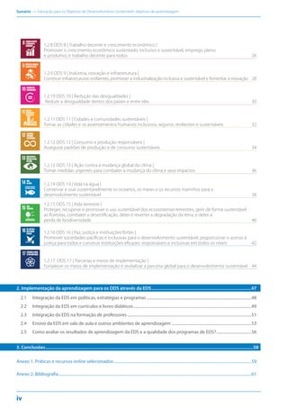 Sumário — Educação para os Objetivos de Desenvolvimento Sustentável: objetivos de aprendizagem
iv
1.2.8 ODS 8 | Trabalho decente e crescimento econômico |
Promover o crescimento econômico sustentado, inclusivo e sustentável, emprego pleno
TRABALHODECENTE
ECRESCIMENTO
ECONÔMICO
e produtivo, e trabalho decente para todos 26
1.2.9 ODS 9 | Indústria, inovação e infraestrutura |
INDÚSTRIA,INOVAÇÃO
EINFRAESTRUTURA
Construir infraestruturas resilientes, promover a industrialização inclusiva e sustentável e fomentar a inovação 28
1.2.10 ODS 10 | Redução das desigualdades |
REDUÇÃODAS
DESIGUALDADES
Reduzir a desigualdade dentro dos países e entre eles 30
1.2.11 ODS 11 | Cidades e comunidades sustentáveis |
CIDADESE
COMUNIDADES
SUSTENTÁVEIS
Tornar as cidades e os assentamentos humanos inclusivos, seguros, resilientes e sustentáveis 32
1.2.12 ODS 12 | Consumo e produção responsáveis |
CONSUMOE
PRODUÇÃO
RESPONSÁVEIS
Assegurar padrões de produção e de consumo sustentáveis 34
1.2.13 ODS 13 | Ação contra a mudança global do clima |
AÇÃOCONTRAA
MUDANÇAGLOBAL
DOCLIMA
Tomar medidas urgentes para combater a mudança do clima e seus impactos 36
1.2.14 ODS 14 | Vida na água |
VIDA
NAÁGUA
Conservar e usar sustentavelmente os oceanos, os mares e os recursos marinhos para o
desenvolvimento sustentável 38
1.2.15 ODS 15 | Vida terrestre |
Proteger, recuperar e promover o uso sustentável dos ecossistemas terrestres, gerir de forma sustentável
VIDA
TERRESTRE
as florestas, combater a desertificação, deter e reverter a degradação da terra, e deter a
perda de biodiversidade 40
1.2.16 ODS 16 | Paz, justiça e instituições fortes |
Promover sociedades pacíficas e inclusivas para o desenvolvimento sustentável, proporcionar o acesso à
PAZ,JUSTIÇAE
INSTITUIÇÕES
EFICAZES
justiça para todos e construir instituições eficazes, responsáveis e inclusivas em todos os níveis 42
1.2.17. ODS 17 | Parcerias e meios de implementação |
PARCERIASEMEIOS
DEIMPLEMENTAÇÃO
Fortalecer os meios de implementação e revitalizar a parceria global para o desenvolvimento sustentável 44
2. Implementação da aprendizagem para os ODS através da EDS......................................................................................47
2.1 Integração da EDS em políticas, estratégias e programas.......................................................................................................48
2.2 Integração da EDS em currículos e livros didáticos....................................................................................................................49
2.3 Integração da EDS na formação de professores..........................................................................................................................51
2.4 Ensino da EDS em sala de aula e outros ambientes de aprendizagem...............................................................................53
2.5 Como avaliar os resultados de aprendizagem da EDS e a qualidade dos programas de EDS?...................................56
3. Conclusões...................................................................................................................................................................................58
Anexo 1. Práticas e recursos online selecionados.......................................................................................................................................59
Anexo 2. Bibliografia.............................................................................................................................................................................................61
 