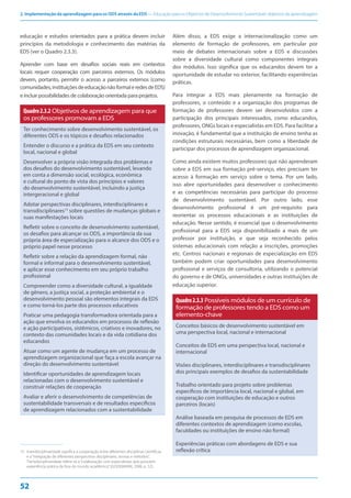 2. Implementação da aprendizagem para os ODS através da EDS — Educação para os Objetivos de Desenvolvimento Sustentável: objetivos de aprendizagem
52
educação e estudos orientados para a prática devem incluir
princípios da metodologia e conhecimento das matérias da
EDS (ver o Quadro 2.3.3).
Aprender com base em desafios sociais reais em contextos
locais requer cooperação com parceiros externos. Os módulos
devem, portanto, permitir o acesso a parceiros externos (como
comunidades,instituiçõesdeeducaçãonãoformaleredesdeEDS)
e incluir possibilidades de colaboração orientada para projetos.
Quadro2.3.2 Objetivos de aprendizagem para que
os professores promovam a EDS
Ter conhecimento sobre desenvolvimento sustentável, os
diferentes ODS e os tópicos e desafios relacionados
Entender o discurso e a prática da EDS em seu contexto
local, nacional e global
Desenvolver a própria visão integrada dos problemas e
dos desafios do desenvolvimento sustentável, levando
em conta a dimensão social, ecológica, econômica
e cultural do ponto de vista dos princípios e valores
do desenvolvimento sustentável, incluindo a justiça
intergeracional e global
Adotar perspectivas disciplinares, interdisciplinares e
transdisciplinares15
sobre questões de mudanças globais e
suas manifestações locais
Refletir sobre o conceito de desenvolvimento sustentável,
os desafios para alcançar os ODS, a importância da sua
própria área de especialização para o alcance dos ODS e o
próprio papel nesse processo
Refletir sobre a relação da aprendizagem formal, não
formal e informal para o desenvolvimento sustentável,
e aplicar esse conhecimento em seu próprio trabalho
profissional
Compreender como a diversidade cultural, a igualdade
de gênero, a justiça social, a proteção ambiental e o
desenvolvimento pessoal são elementos integrais da EDS
e como torná-los parte dos processos educativos
Praticar uma pedagogia transformadora orientada para a
ação que envolva os educandos em processos de reflexão
e ação participativos, sistêmicos, criativos e inovadores, no
contexto das comunidades locais e da vida cotidiana dos
educandos
Atuar como um agente de mudança em um processo de
aprendizagem organizacional que faça a escola avançar na
direção do desenvolvimento sustentável
Identificar oportunidades de aprendizagem locais
relacionadas com o desenvolvimento sustentável e
construir relações de cooperação
Avaliar e aferir o desenvolvimento de competências de
sustentabilidade transversais e de resultados específicos
de aprendizagem relacionados com a sustentabilidade
15
15. Interdisciplinaridade significa a cooperação entre diferentes disciplinas científicas
e a“integração de diferentes perspectivas disciplinares, teorias e métodos”.
Transdisciplinaridade refere-se a“colaboração com especialistas que possuem
experiência prática de fora do mundo acadêmico”(GODEMANN, 2006, p. 52).
Além disso, a EDS exige a internacionalização como um
elemento de formação de professores, em particular por
meio de debates internacionais sobre a EDS e discussões
sobre a diversidade cultural como componentes integrais
dos módulos. Isso significa que os educandos devem ter a
oportunidade de estudar no exterior, facilitando experiências
práticas.
Para integrar a EDS mais plenamente na formação de
professores, o conteúdo e a organização dos programas de
formação de professores devem ser desenvolvidos com a
participação dos principais interessados, como educandos,
professores, ONGs locais e especialistas em EDS. Para facilitar a
inovação, é fundamental que a instituição de ensino tenha as
condições estruturais necessárias, bem como a liberdade de
participar dos processos de aprendizagem organizacional.
Como ainda existem muitos professores que não aprenderam
sobre a EDS em sua formação pré-serviço, eles precisam ter
acesso à formação em serviço sobre o tema. Por um lado,
isso abre oportunidades para desenvolver o conhecimento
e as competências necessárias para participar do processo
de desenvolvimento sustentável. Por outro lado, esse
desenvolvimento profissional é um pré-requisito para
reorientar os processos educacionais e as instituições de
educação. Nesse sentido, é essencial que o desenvolvimento
profissional para a EDS seja disponibilizado a mais de um
professor por instituição, e que seja reconhecido pelos
sistemas educacionais com relação a inscrições, promoções
etc. Centros nacionais e regionais de especialização em EDS
também podem criar oportunidades para desenvolvimento
profissional e serviços de consultoria, utilizando o potencial
do governo e de ONGs, universidades e outras instituições de
educação superior.
Quadro2.3.3 Possíveis módulos de um currículo de
formação de professores tendo a EDS como um
elemento-chave
Conceitos básicos de desenvolvimento sustentável em
uma perspectiva local, nacional e internacional
Conceitos de EDS em uma perspectiva local, nacional e
internacional
Visões disciplinares, interdisciplinares e transdisciplinares
dos principais exemplos de desafios da sustentabilidade
Trabalho orientado para projeto sobre problemas
específicos de importância local, nacional e global, em
cooperação com instituições de educação e outros
parceiros (locais)
Análise baseada em pesquisa de processos de EDS em
diferentes contextos de aprendizagem (como escolas,
faculdades ou instituições de ensino não formal)
Experiências práticas com abordagens de EDS e sua
reflexão crítica
 