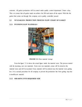 8 | P a g e
customer. All gasket production will be control under quality control department 2 times a day.
This is to ensure that all gasket made are achieve the ISO and meets all the aspect. With this the
gasket that comes out through this company are in quality controlled passed.
2.2 NP LEAKLESS PRODUCTION PROCESS FLOW CHART OF GASKET
2.2.1 INCOMING RAW MATERIALS
FIGURE 2.1: Raw material storage
From the figure 2.1 it shows the actual figure inside the material store. The process started
with the incoming new raw materials. Every new raw materials comes will be stored in the
material store and will be recorded. Every material will be ordered once the material were getting
low. It is a normal procedure for all company to prevent the production line from getting stop due
to insufficient material.
2.2.2 SHEARING INTO REQUIRED SIZE
 