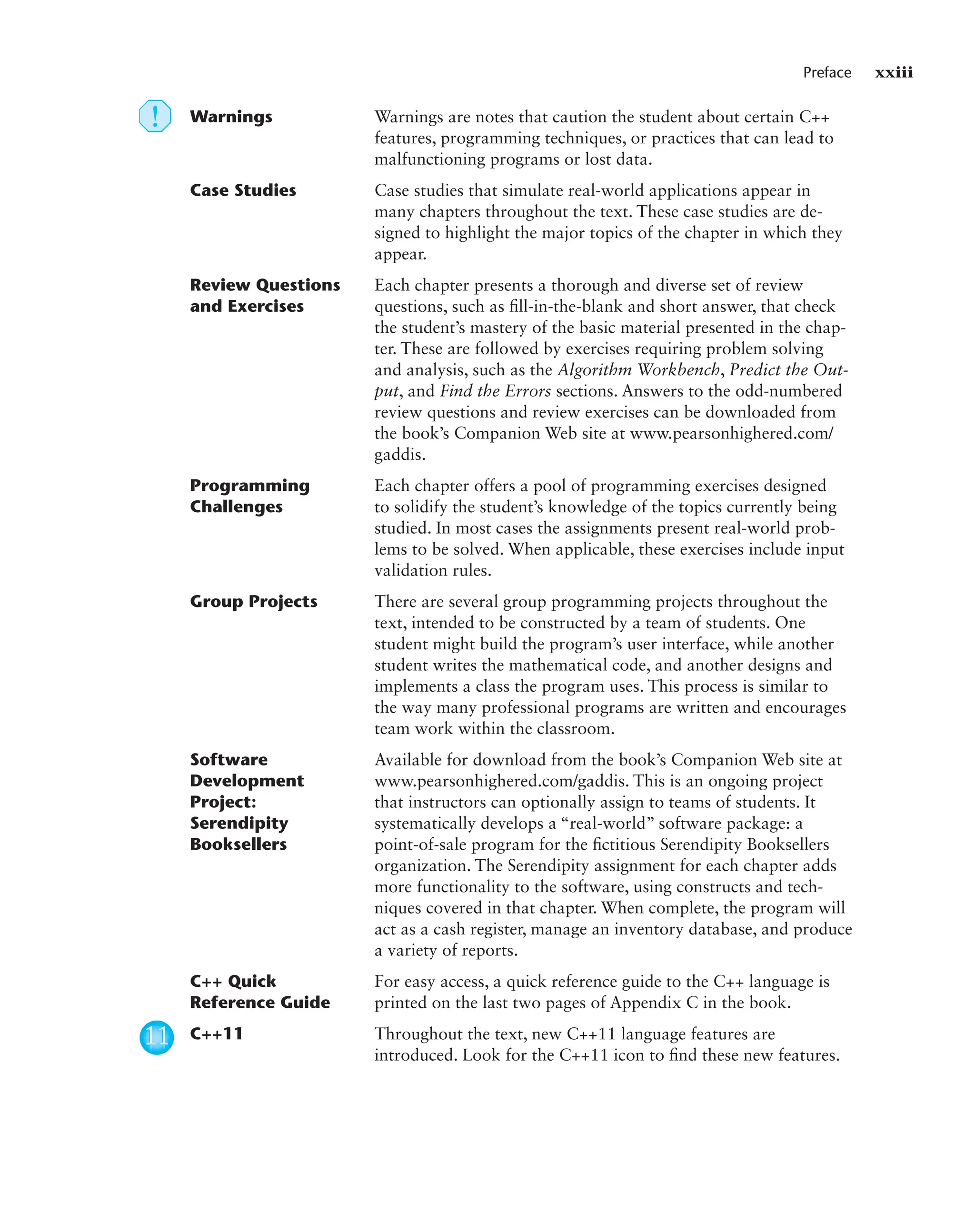 Preface xxiii
Warnings Warnings are notes that caution the student about certain C++
features, programming techniques, or practices that can lead to
malfunctioning programs or lost data.
Case Studies Case studies that simulate real-world applications appear in
many chapters throughout the text. These case studies are de-
signed to highlight the major topics of the chapter in which they
appear.
Review Questions Each chapter presents a thorough and diverse set of review
and Exercises questions, such as fill-in-the-blank and short answer, that check
the student’s mastery of the basic material presented in the chap-
ter. These are followed by exercises requiring problem solving
and analysis, such as the Algorithm Workbench, Predict the Out-
put, and Find the Errors sections. Answers to the odd-numbered
review questions and review exercises can be downloaded from
the book’s Companion Web site at www.pearsonhighered.com/
gaddis.
Programming Each chapter offers a pool of programming exercises designed
Challenges to solidify the student’s knowledge of the topics currently being
studied. In most cases the assignments present real-world prob-
lems to be solved. When applicable, these exercises include input
validation rules.
Group Projects There are several group programming projects throughout the
text, intended to be constructed by a team of students. One
student might build the program’s user interface, while another
student writes the mathematical code, and another designs and
implements a class the program uses. This process is similar to
the way many professional programs are written and encourages
team work within the classroom.
Software Available for download from the book’s Companion Web site at
Development www.pearsonhighered.com/gaddis. This is an ongoing project
Project: that instructors can optionally assign to teams of students. It
Serendipity systematically develops a “real-world” software package: a
Booksellers point-of-sale program for the fictitious Serendipity Booksellers
organization. The Serendipity assignment for each chapter adds
more functionality to the software, using constructs and tech-
niques covered in that chapter. When complete, the program will
act as a cash register, manage an inventory database, and produce
a variety of reports.
C++ Quick For easy access, a quick reference guide to the C++ language is
Reference Guide printed on the last two pages of Appendix C in the book.
C++11 Throughout the text, new C++11 language features are
introduced. Look for the C++11 icon to find these new features.
11
11
 