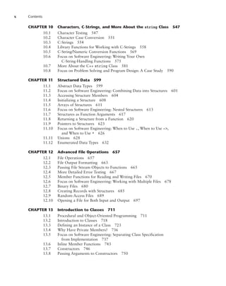 x Contents
CHAPTER 10 Characters, C-Strings, and More About the string Class 547
10.1 Character Testing 547
10.2 Character Case Conversion 551
10.3 C-Strings 554
10.4 Library Functions for Working with C-Strings 558
10.5 C-String/Numeric Conversion Functions 569
10.6 Focus on Software Engineering: Writing Your Own
C-String-Handling Functions 575
10.7 More About the C++ string Class 581
10.8 Focus on Problem Solving and Program Design: A Case Study 590
CHAPTER 11 Structured Data 599
11.1 Abstract Data Types 599
11.2 Focus on Software Engineering: Combining Data into Structures 601
11.3 Accessing Structure Members 604
11.4 Initializing a Structure 608
11.5 Arrays of Structures 611
11.6 Focus on Software Engineering: Nested Structures 613
11.7 Structures as Function Arguments 617
11.8 Returning a Structure from a Function 620
11.9 Pointers to Structures 623
11.10 Focus on Software Engineering: When to Use ., When to Use ->,
and When to Use * 626
11.11 Unions 628
11.12 Enumerated Data Types 632
CHAPTER 12 Advanced File Operations 657
12.1 File Operations 657
12.2 File Output Formatting 663
12.3 Passing File Stream Objects to Functions 665
12.4 More Detailed Error Testing 667
12.5 Member Functions for Reading and Writing Files 670
12.6 Focus on Software Engineering: Working with Multiple Files 678
12.7 Binary Files 680
12.8 Creating Records with Structures 685
12.9 Random-Access Files 689
12.10 Opening a File for Both Input and Output 697
CHAPTER 13 Introduction to Classes 711
13.1 Procedural and Object-Oriented Programming 711
13.2 Introduction to Classes 718
13.3 Defining an Instance of a Class 723
13.4 Why Have Private Members? 736
13.5 Focus on Software Engineering: Separating Class Specification
from Implementation 737
13.6 Inline Member Functions 743
13.7 Constructors 746
13.8 Passing Arguments to Constructors 750
 