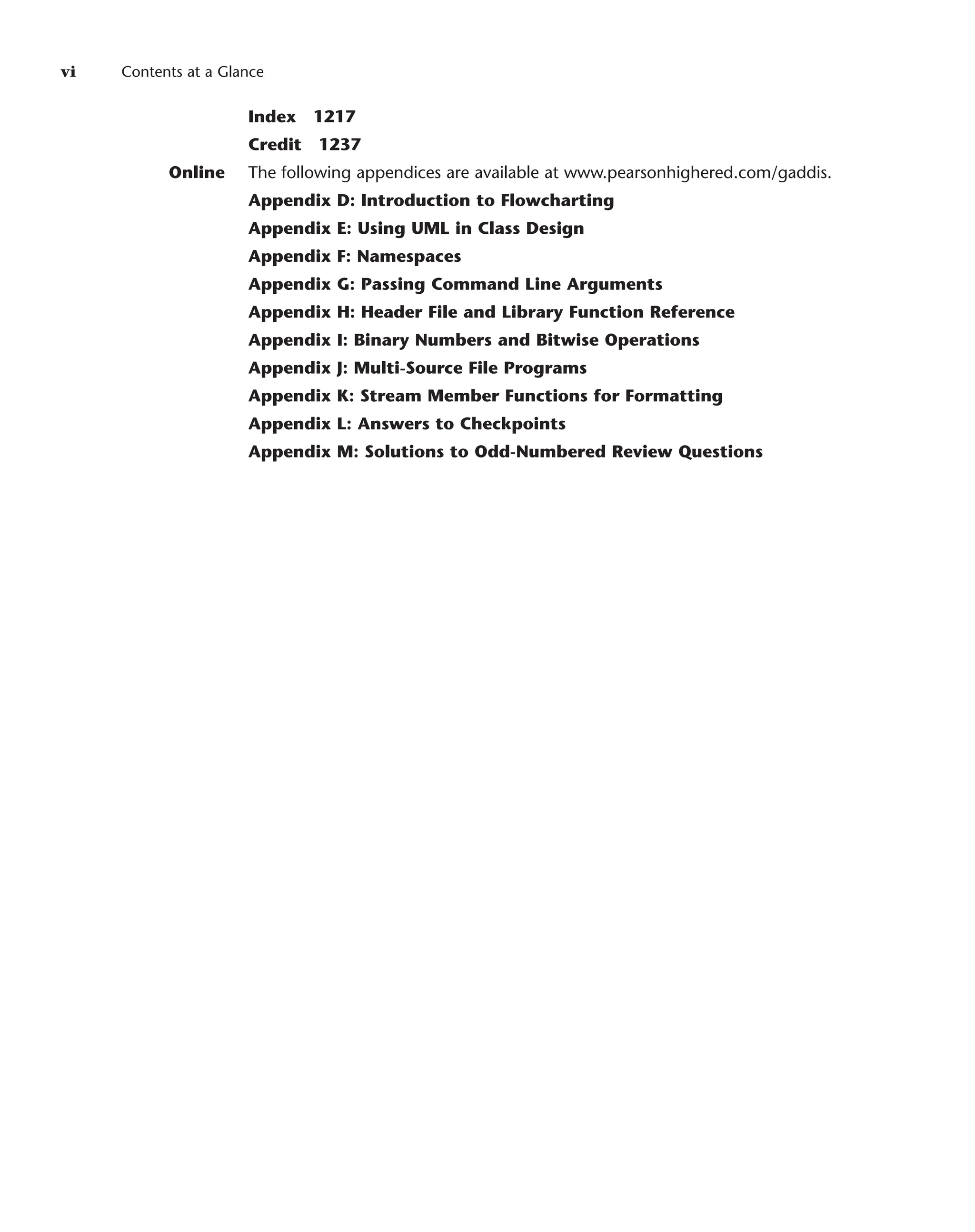 vi Contents at a Glance
Index 1217
Credit 1237
Online The following appendices are available at www.pearsonhighered.com/gaddis.
Appendix D: Introduction to Flowcharting
Appendix E: Using UML in Class Design
Appendix F: Namespaces
Appendix G: Passing Command Line Arguments
Appendix H: Header File and Library Function Reference
Appendix I: Binary Numbers and Bitwise Operations
Appendix J: Multi-Source File Programs
Appendix K: Stream Member Functions for Formatting
Appendix L: Answers to Checkpoints
Appendix M: Solutions to Odd-Numbered Review Questions
 