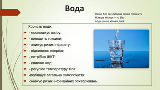 Вода
Користь води:
 - омолоджує шкіру;
 - виводить токсини;
 - знижує ризик інфаркту;
 - відновлює енергію;
 - потрібна ШКТ;
 - спалює жир;
 - регулює температуру тіла;
 -поліпшує загальне самопочуття;
 -знижує ризик інфекційних захворювань.
Якщо без їжі людина може прожити
більше місяця – то без
води лише кілька днів.
 