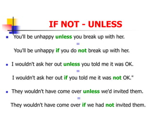 IF NOT - UNLESS
 You'll be unhappy unless you break up with her.
=
You'll be unhappy if you do not break up with her.
 I wouldn't ask her out unless you told me it was OK.
=
I wouldn't ask her out if you told me it was not OK."
 They wouldn't have come over unless we'd invited them.
=
They wouldn't have come over if we had not invited them.
 
