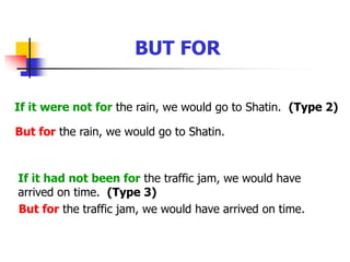 BUT FOR
If it were not for the rain, we would go to Shatin. (Type 2)
But for the rain, we would go to Shatin.
If it had not been for the traffic jam, we would have
arrived on time. (Type 3)
But for the traffic jam, we would have arrived on time.
 