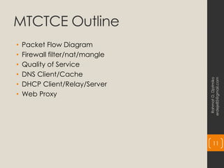 MTCTCE Outline
• Packet Flow Diagram
• Firewall filter/nat/mangle
• Quality of Service
• DNS Client/Cache
• DHCP Client/Relay/Server
• Web Proxy
Rahmat
D.
Djatmiko
erdeje85@gmail.com
11
 