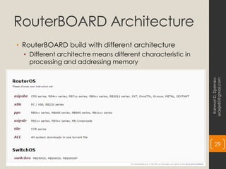 RouterBOARD Architecture
• RouterBOARD build with different architecture
• Different architectre means different characteristic in
processing and addressing memory
Rahmat
D.
Djatmiko
erdeje85@gmail.com
29
 