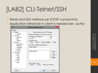 [LAB2] CLI-Telnet/SSH
• Telnet and SSH method use TCP/IP connectivity
• Application telnet/ssh in client is needed (ex : putty)
Rahmat
D.
Djatmiko
erdeje85@gmail.com
54
 