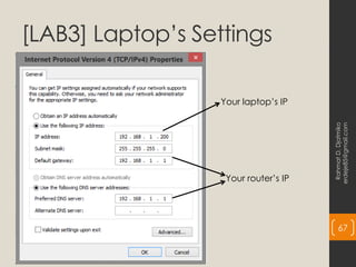 [LAB3] Laptop’s Settings
Rahmat
D.
Djatmiko
erdeje85@gmail.com
67
Your laptop’s IP
Your router’s IP
 