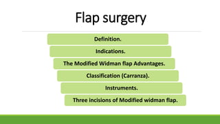 Flap surgery
Definition.
Indications.
The Modified Widman flap Advantages.
Classification (Carranza).
Instruments.
Three incisions of Modified widman flap.
 