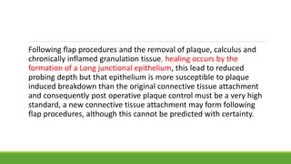 Following flap procedures and the removal of plaque, calculus and
chronically inflamed granulation tissue, healing occurs by the
formation of a Long junctional epithelium, this lead to reduced
probing depth but that epithelium is more susceptible to plaque
induced breakdown than the original connective tissue attachment
and consequently post operative plaque control must be a very high
standard, a new connective tissue attachment may form following
flap procedures, although this cannot be predicted with certainty.
 