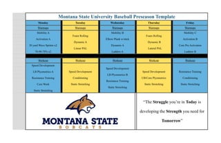 Montana State University Baseball Preseason Template
Monday Tuesday Wednesday Thursday Friday
Warmups Warmups Warmups Warmups Warmups
Mobility A
Activation A
30 yard Wave Sprints x2
70-90-70% x2
Foam Rolling
Dynamic A
Linear PAL
Mobility B
Elbow Plank w/stick
Dynamic A
Ladders A
Foam Rolling
Dynamic B
Lateral PAL
Mobility C
Activation B
Core Pre Activation
Ladders B
Workout Workout Workout Workout Workout
Speed Development
LB Plyometrics A
Resistance Training
Core Work
Static Stretching
Speed Development
Conditioning
Static Stretching
Speed Development
LB Plyometrics B
Resistance Training
Static Stretching
Speed Development
UB/Core Plyometrics
Static Stretching
Resistance Training
Conditioning
Static Stretching
“The Struggle you’re in Today is
developing the Strength you need for
Tomorrow”
 