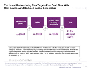 Point Frederick CapitalPoint Frederick Capital
No representation is made that the Investment manager’s or the Fund’s investment process, investment strategies, goals or risk
management techniques will or are likely to be achieved or be successful. See Important Information on Page 2.
Presentation for: Chand Sooran
23
Reference: Company, Point Frederick Capital
The Latest Restructuring Plan Targets Free Cash Flow With
Cost Savings And Reduced Capital Expenditure
CapEx can be reduced because much of it was front-loaded with the buildup in recent years in
emerging markets. Now the Company is looking to harvest those earlier investments. Note that a
significant portion of the CapEx number is for capitalized R&D; the Company is an intellectual
powerhouse in France. Also, the Company sees $1B of benefits from the GM JV to be at run-rate
by year end 2015.
 