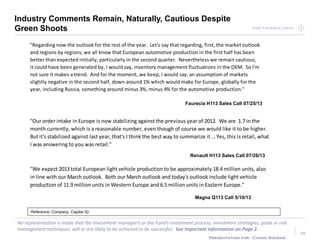 Point Frederick CapitalPoint Frederick Capital
No representation is made that the Investment manager’s or the Fund’s investment process, investment strategies, goals or risk
management techniques will or are likely to be achieved or be successful. See Important Information on Page 2.
Presentation for: Chand Sooran
28
Industry Comments Remain, Naturally, Cautious Despite
Green Shoots
"Regarding now the outlook for the rest of the year. Let's say that regarding, first, the market outlook
and regions by regions, we all know that European automotive production in the first half has been
better than expected initially, particularly in the second quarter. Nevertheless we remain cautious,
it could have been generated by, I would say, inventory management fluctuations in the OEM. So I'm
not sure it makes a trend. And for the moment, we keep, I would say, an assumption of markets
slightly negative in the second half, down around 1% which would make for Europe, globally for the
year, including Russia, something around minus 3%, minus 4% for the automotive production."
Faurecia H113 Sales Call 07/25/13
"Our order intake in Europe is now stabilizing against the previous year of 2012. We are 1.7 in the
month currently, which is a reasonable number, even though of course we would like it to be higher.
But it's stabilized against last year, that's I think the best way to summarize it … Yes, this is retail, what
I was answering to you was retail."
Renault H113 Sales Call 07/26/13
"We expect 2013total European light vehicle production to be approximately 18.4million units, also
in line with our March outlook. Both our March outlook and today's outlook include light vehicle
production of 11.9million units in Western Europe and 6.5million units in Eastern Europe."
Magna Q113 Call 5/10/13
Reference: Company, Capital IQ
 