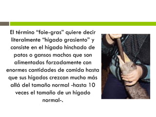 El término “foie-gras” quiere decir
literalmente “hígado grasiento” y
consiste en el hígado hinchado de
patos o gansos machos que son
alimentados forzadamente con
enormes cantidades de comida hasta
que sus hígados crezcan mucho más
allá del tamaño normal -hasta 10
veces el tamaño de un hígado
normal-.
 