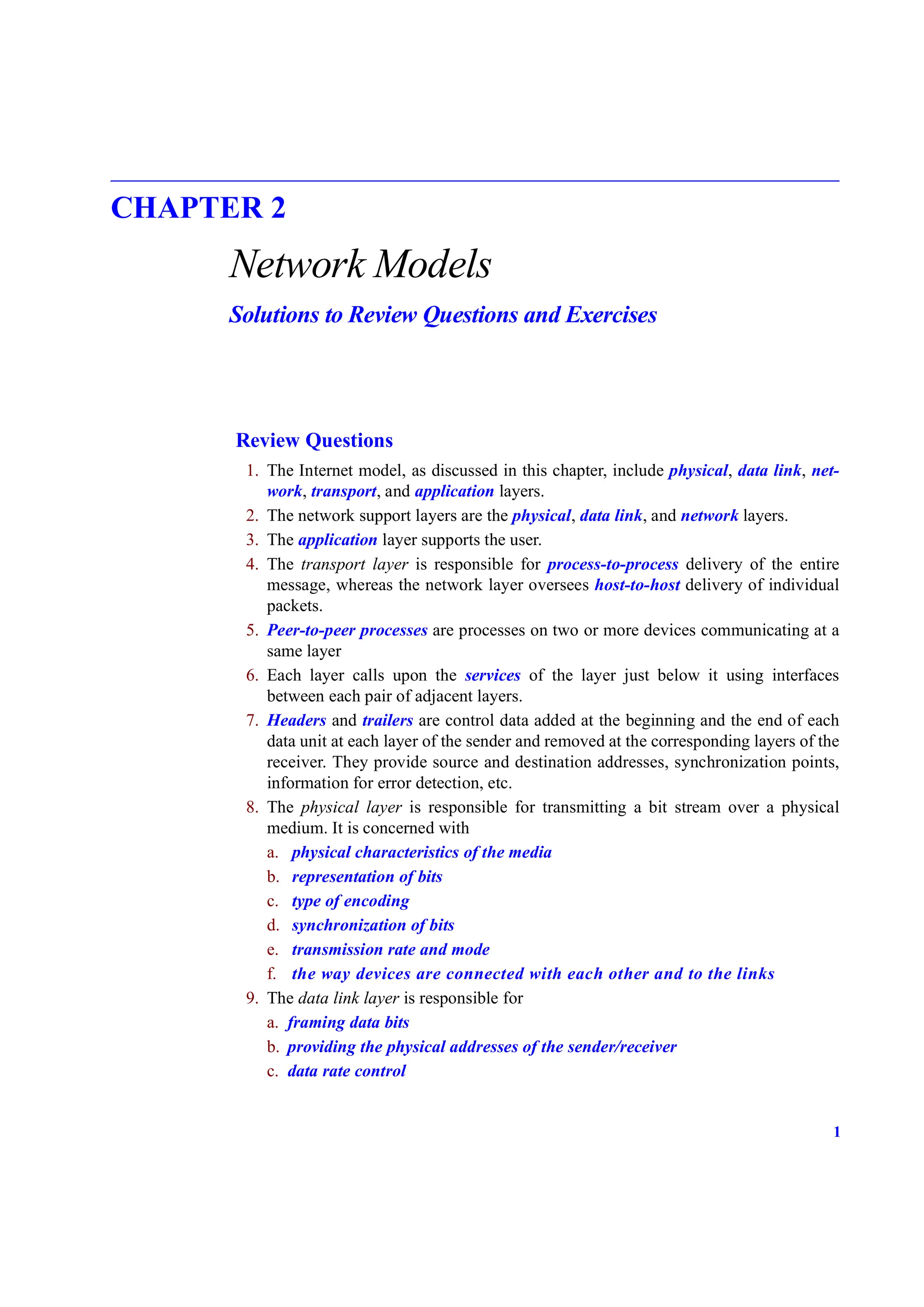 1
CHAPTER 2
Network Models
Solutions to Review Questions and Exercises
Review Questions
1. The Internet model, as discussed in this chapter, include physical, data link, net-
work, transport, and application layers.
2. The network support layers are the physical, data link, and network layers.
3. The application layer supports the user.
4. The transport layer is responsible for process-to-process delivery of the entire
message, whereas the network layer oversees host-to-host delivery of individual
packets.
5. Peer-to-peer processes are processes on two or more devices communicating at a
same layer
6. Each layer calls upon the services of the layer just below it using interfaces
between each pair of adjacent layers.
7. Headers and trailers are control data added at the beginning and the end of each
data unit at each layer of the sender and removed at the corresponding layers of the
receiver. They provide source and destination addresses, synchronization points,
information for error detection, etc.
8. The physical layer is responsible for transmitting a bit stream over a physical
medium. It is concerned with
a. physical characteristics of the media
b. representation of bits
c. type of encoding
d. synchronization of bits
e. transmission rate and mode
f. the way devices are connected with each other and to the links
9. The data link layer is responsible for
a. framing data bits
b. providing the physical addresses of the sender/receiver
c. data rate control
 