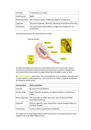 Tamanho             5 nanómetros, em média

Parede celular      Rígida

Material genético   Sem invólucro nuclear. O DNA está disperso no citoplasma.

Organelos           Não possui organelos. Apresenta ribossomas de pequenas dimensões.

Fotossíntese        Nos procariontes fotossintéticos, os pigmentos localizam-se nas
                    membranas.

As células procarióticas são estruturalmente simples.




Os dados fornecidos pelos fosseis e a simplicidade estrutural e funcional das células
procarióticas constituem os dois principais argumentos que sustentam a hipótese dos
seres procariontes terem estado na origem da grande diversidade de vida na Terra.

As células eucarióticas apresentam uma constituição bem mais complexa, nomeadamente
no que respeita ao material genético , que se encontra no núcleo, e à grande abundância
de estruturas membranares.

Características     Célula eucariótica

tamanho             40 nanometros de diâmetro

Parede celular      Rígida. Presente nas plantas, em alguns protistas e na maioria dos
                    fungos.

Material genético Está encerrado no núcleo. Apresenta várias moléculas de DNA
                  associadas a proteínas

Organelos           Diversos organelos, como mitocôndrias, reticulo endoplasmático e o
                    complexo de golgi.

Fotossíntese        As fotossintéticas apresentam cloroplastos.

De acordo com as informações obtidas a partir dos fosseis, os seres eucariontes só terão
surgido há cerca de 1500 milhões de anos.
 