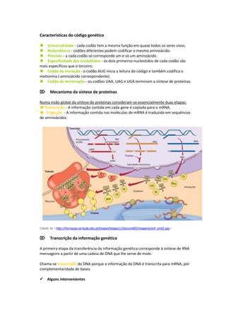 Características do código genético

Universalidade - cada codão tem a mesma função em quase todos os seres vivos.
Redundância - codões diferentes podem codificar o mesmo aminoácido.
Precisão - a cada codão só corresponde um e só um aminoácido.
Especificidade dos nucleótidos - os dois primeiros nucleotidos de cada codão são
mais específicos que o terceiro.
Codão de iniciação - o codão AUG inicia a leitura do código e também codifica o
metionina ( aminoácido correspondente).
Codão de terminação - os codões UAA, UAG e UGA terminam a síntese de proteínas.

Mecanismo da síntese de proteínas

Numa visão global da síntese de proteínas consideram-se essencialmente duas etapas:
 Transcrição - A informação contida em cada gene é copiada para o mRNA.
Tradução - A informação contida nas moléculas de mRNA é traduzida em sequências
de aminoácidos.




Colado de <http://formacao.es-loule.edu.pt/biogeo/biogeo11/bio/unid05/imagens/sint_prot2.jpg>


Transcrição da informação genética

A primeira etapa da transferência da informação genética corresponde à síntese de RNA
mensageiro a partir de uma cadeia de DNA que lhe serve de mole.

Chama-se transcrição do DNA porque a informação do DNA é transcrita para mRNA, por
complementaridade de bases.

Alguns intervenientes
 