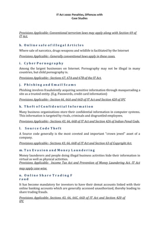 IT Act 2000: Penalties, Offences with
Case Studies
Provisions Applicable: Conventional terrorism laws may apply along with Section 69 of
IT Act.
h. O n l i n e s a l e o f i l l e g a l A r t i c l e s
Where sale of narcotics, drugs weapons and wildlife is facilitated by the Internet
Provisions Applicable:- Generally conventional laws apply in these cases.
i. C y b e r P o r n o g r a p h y
Among the largest businesses on Internet. Pornography may not be illegal in many
countries, but child pornography is.
Provisions Applicable:- Sections 67, 67A and 67B of the IT Act.
j. P h i s h i n g a n d E m a i l S c a m s
Phishing involves fraudulently acquiring sensitive information through masquerading a
site as a trusted entity. (E.g. Passwords, credit card information)
Provisions Applicable:- Section 66, 66A and 66D of IT Act and Section 420 of IPC
k. T h e f t o f C o n f i d e n t i a l I n f o r m a t i o n
Many business organizations store their confidential information in computer systems.
This information is targeted by rivals, criminals and disgruntled employees.
Provisions Applicable:- Sections 43, 66, 66B of IT Act and Section 426 of Indian Penal Code.
l. S o u r c e C o d e T h e f t
A Source code generally is the most coveted and important "crown jewel" asset of a
company.
Provisions applicable:- Sections 43, 66, 66B of IT Act and Section 63 of Copyright Act.
m. T a x E v a s i o n a n d M o n e y L a u n d e r i n g
Money launderers and people doing illegal business activities hide their information in
virtual as well as physical activities.
Provisions Applicable: Income Tax Act and Prevention of Money Laundering Act. IT Act
may apply case-wise.
n. O n l i n e S h a r e T r a d i n g F
r a u d
It has become mandatory for investors to have their demat accounts linked with their
online banking accounts which are generally accessed unauthorized, thereby leading to
share trading frauds.
Provisions Applicable: Sections 43, 66, 66C, 66D of IT Act and Section 420 of
IPC
 