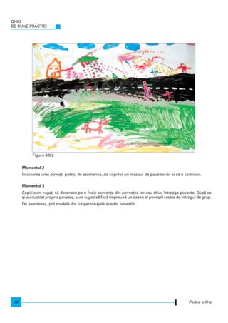 GHID
DE BUNE PRACTICI
50
Momentul 2
|n crearea unei pove[ti pute]i, de asemenea, da copiilor un nceput de poveste iar ei s` o continue.
Momentul 3
Copiii sunt ruga]i s` deseneze pe o foaie secven]e din povestea lor sau chiar ntreaga poveste. Dup` ce
[i-au ilustrat propria poveste, sunt ruga]i s` fac` mpreun` un desen al pove[tii create de ntregul de grup.
De asemenea, pot modela din lut personajele acestei povestiri.
Partea a III-a
Figura 3.9.2
 