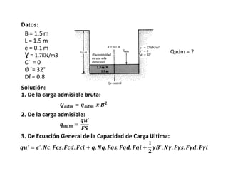 Datos:
B = 1.5 m
L = 1.5 m
e = 0.1 m
Ɣ = 1.7KN/m3
C´ = 0
∅ ´= 32°
Df = 0.8
Solución:
1. De la cargaadmisible bruta:
Qadm = ?
𝑸 𝒂𝒅𝒎 = 𝒒 𝒂𝒅𝒎 𝒙 𝑩 𝟐
2. De la cargaadmisible:
𝒒 𝒂𝒅𝒎 =
𝒒𝒖´
𝑭𝑺
3. De Ecuación General de la Capacidad de Carga Ultima:
𝒒𝒖´ = 𝒄´. 𝑵𝒄. 𝑭𝒄𝒔. 𝑭𝒄𝒅. 𝑭𝒄𝒊 + 𝒒. 𝑵𝒒. 𝑭𝒒𝒔. 𝑭𝒒𝒅. 𝑭𝒒𝒊 +
𝟏
𝟐
𝜸𝑩´. 𝑵𝜸. 𝑭𝜸𝒔. 𝑭𝜸𝒅. 𝑭𝜸𝒊
 
