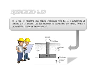 UNIVERSIDAD PRIVADA DE TACNA
En la fig. se muestra una zapata cuadrada. Use F.S=6, y determine el
tamaño de la zapata. Use los factores de capacidad de carga, forma y
profundidad dados en la sección 3.7.
 